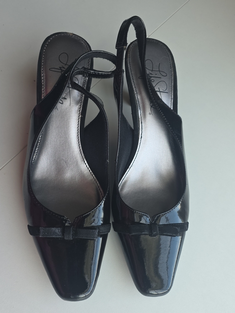 Life Stride Black Patent Slingback Heels with Bow Accent